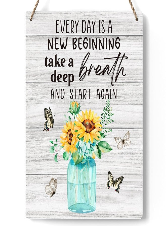FREHVN Rustic Classic 8 x 10 Inch Wooden Wall Art, Every Day is A New Beginning Sign, Sunflowers & Butterflies Decor, Perfect for Home Office, Room, Front Door, Farmhouse Wall Decor - Image 1